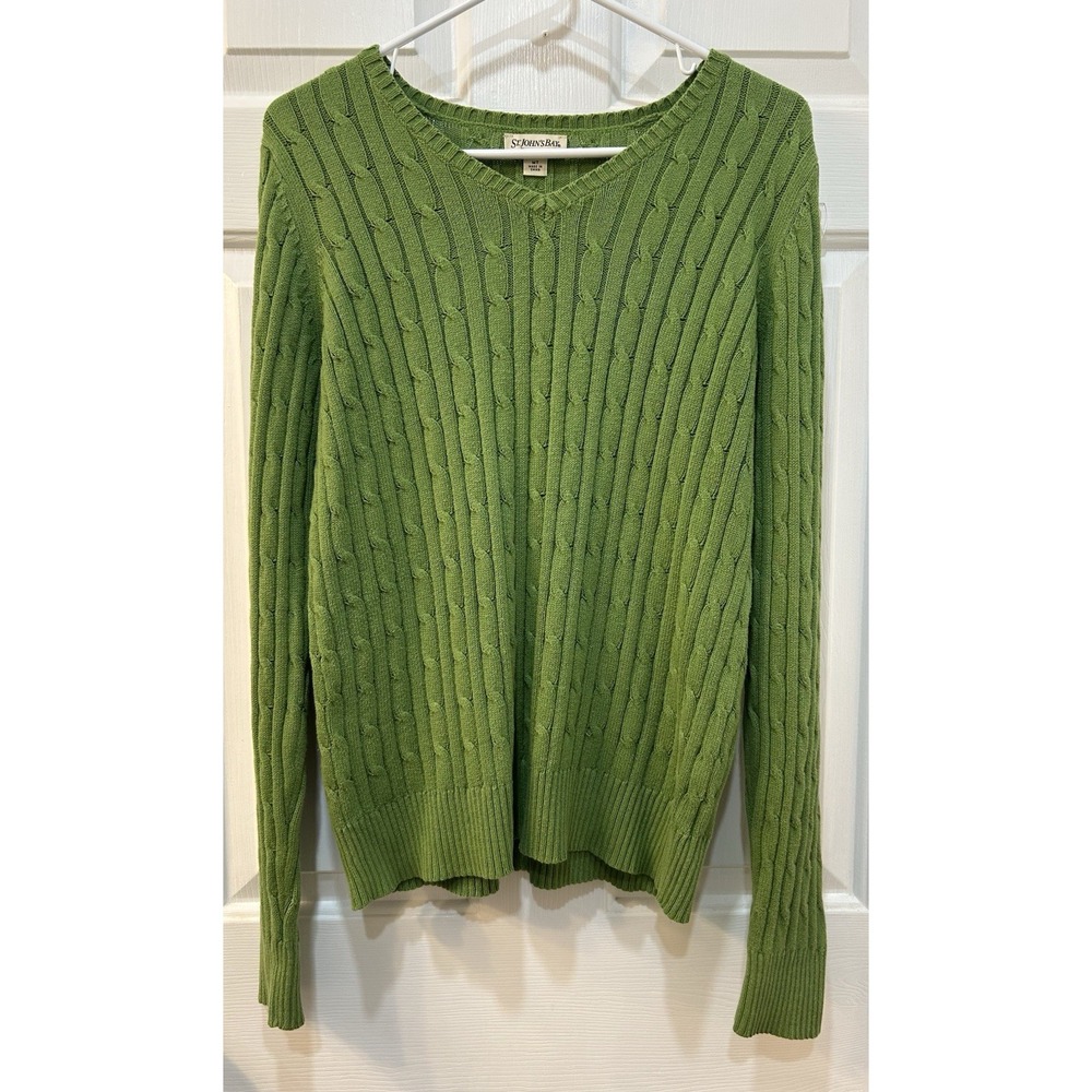 St. Johns Bay Green Cable Knit Classic Sweater Sz M Tall V-Neck Pullover 90's